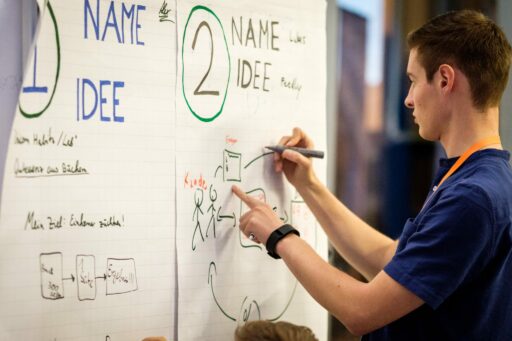 Kreativer Mann während des leanlab Startup Weekend, der auf einer Leinwand seine innovative Geschäftsidee skizziert.
